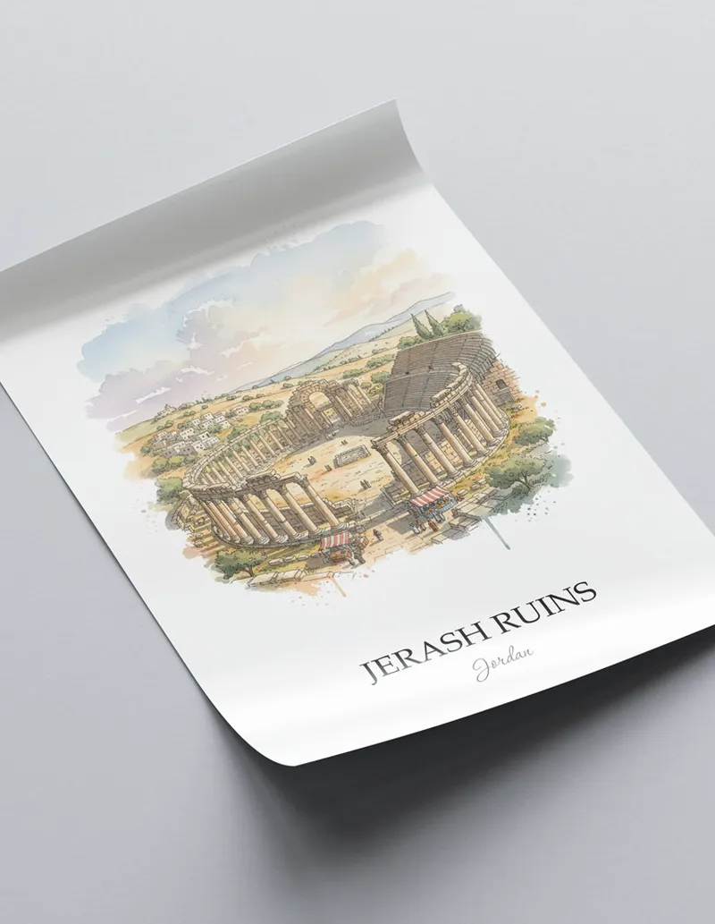 Framed wall art featuring Jerash Ruins in Jordan in a light wood frame leaning on the floor.
