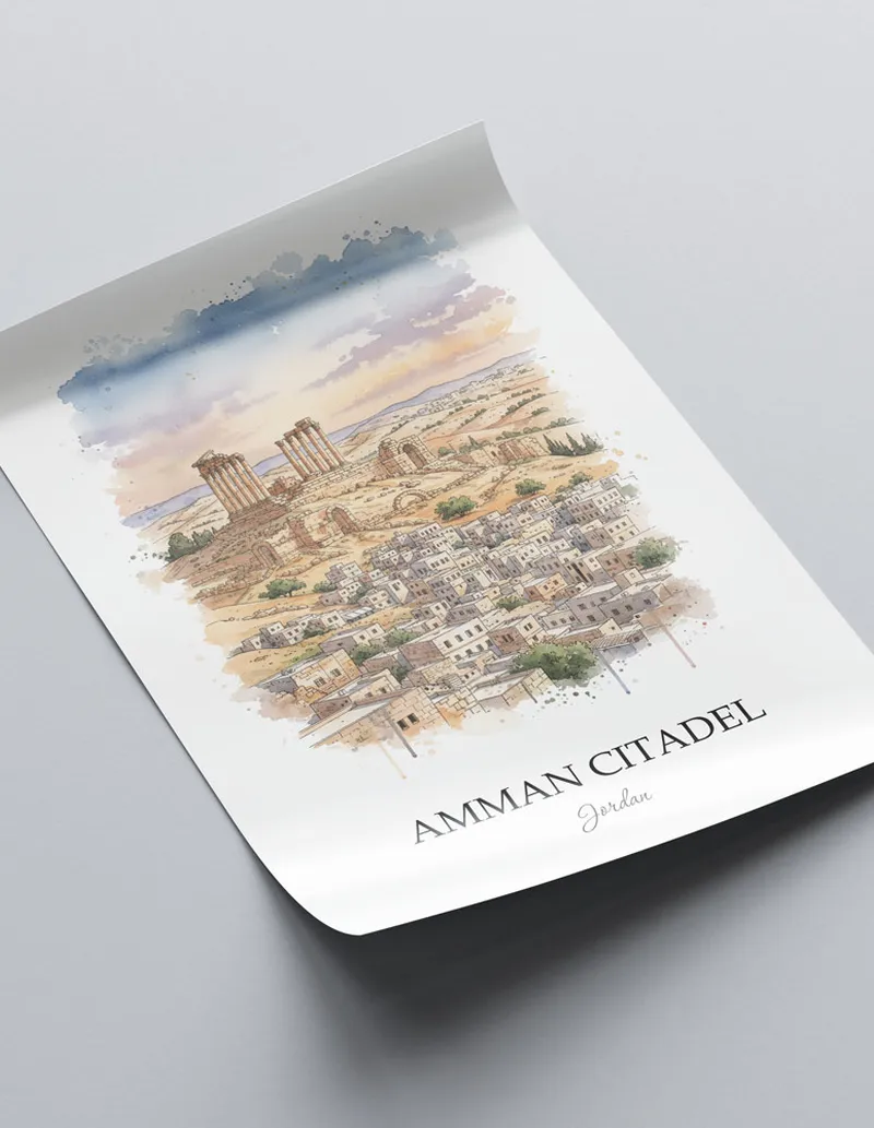 Framed wall art featuring Amman Citadel in Jordan in a light wood frame leaning on the floor.