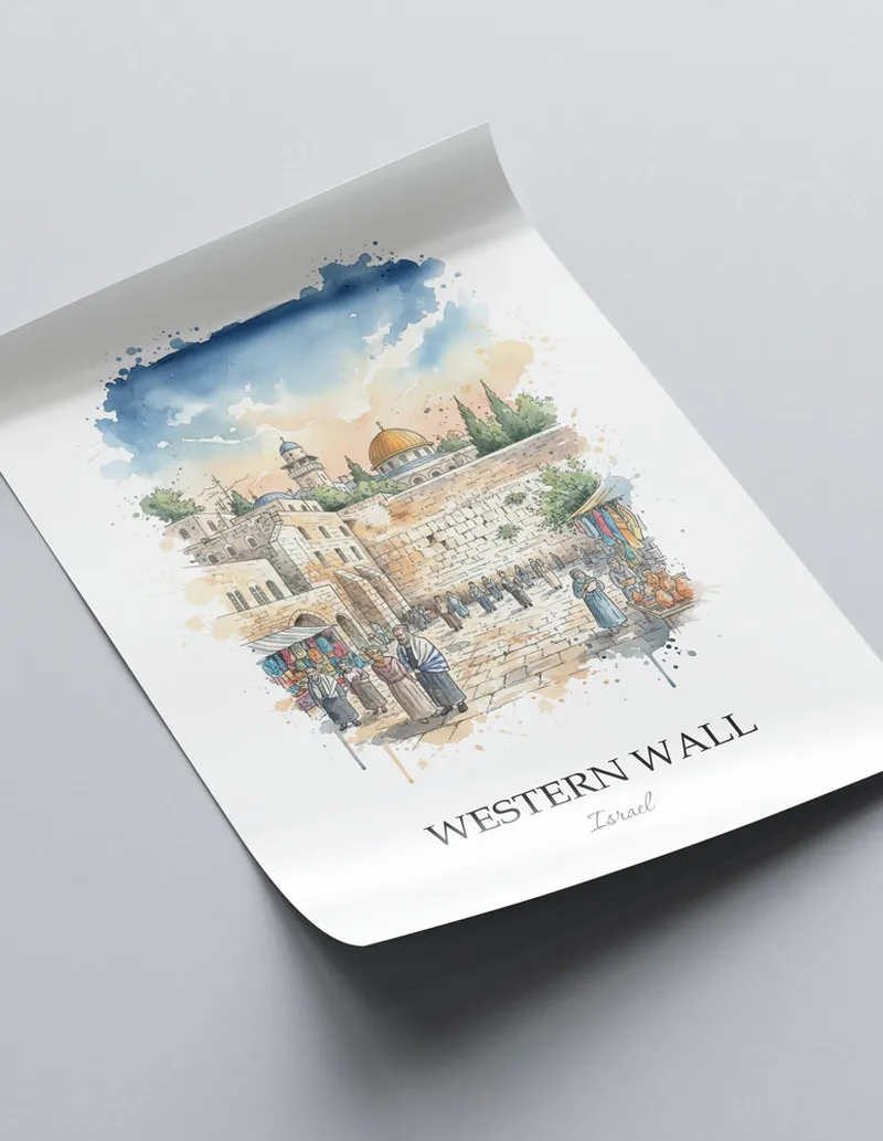 Framed wall art featuring Western Wall in Israel in a light wood frame leaning on the floor.