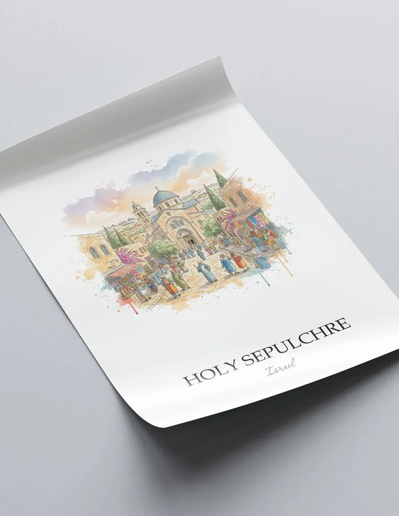 Framed wall art featuring Holy Sepulchre in Israel in a light wood frame leaning on the floor.