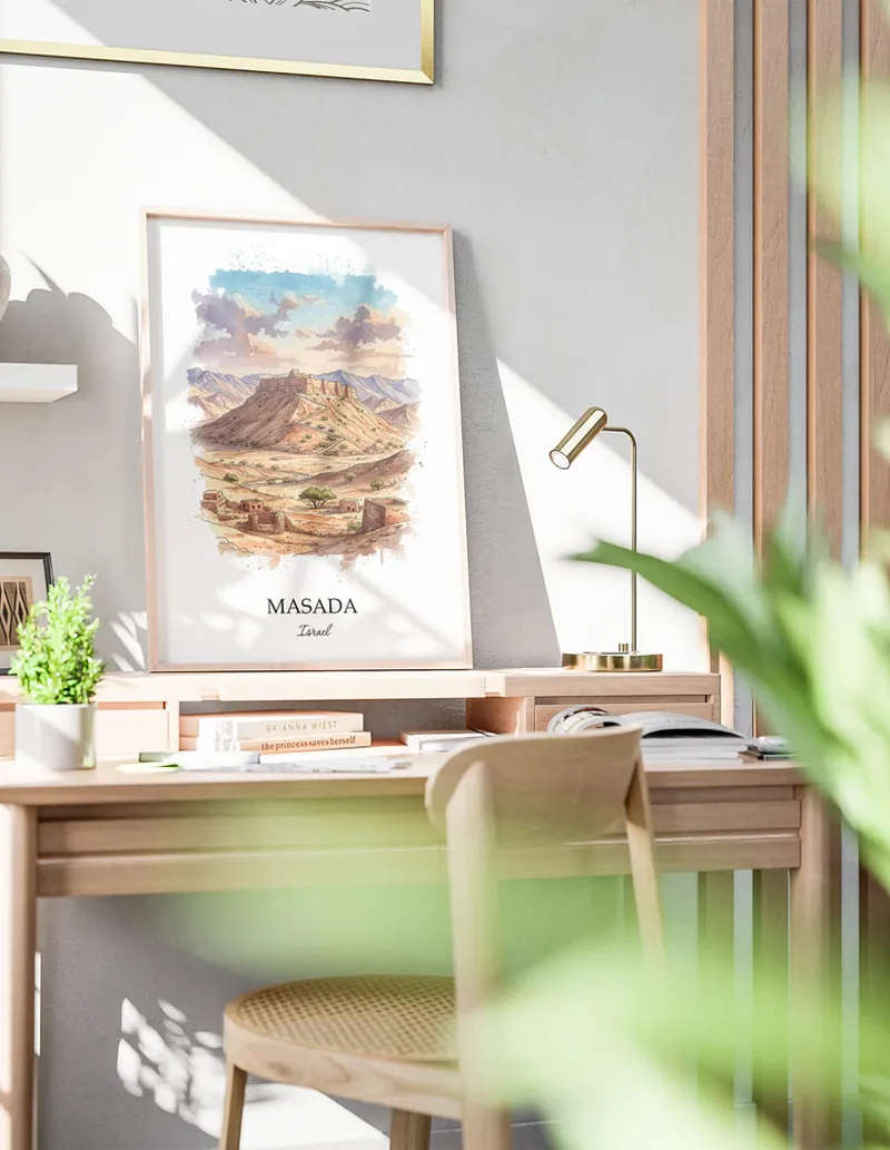 A clean and modern mockup showing a framed Masada, Israel print on a minimalist background.