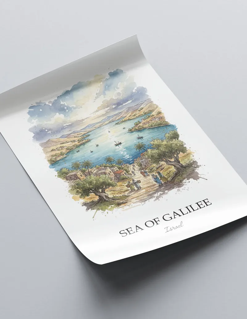 Framed wall art featuring Sea of Galilee in Israel in a light wood frame leaning on the floor.