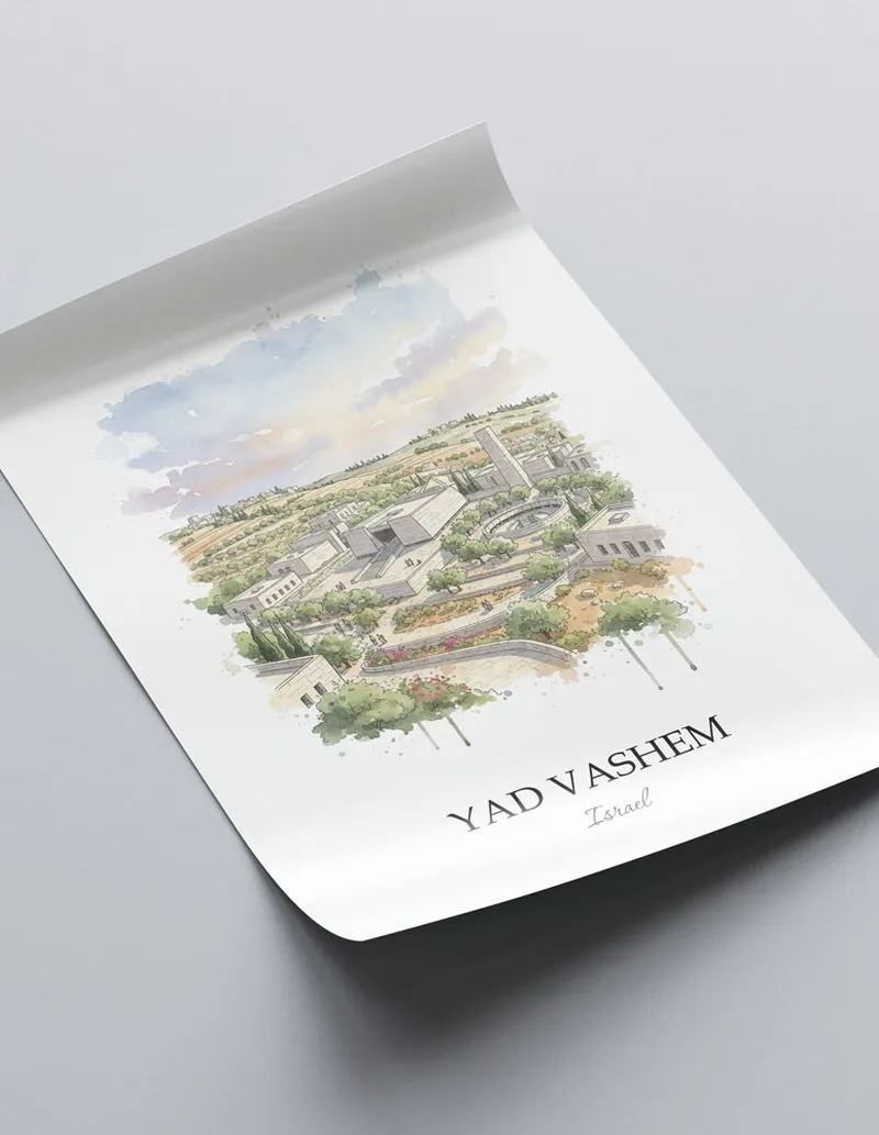 Framed wall art featuring Yad Vashem in Israel in a light wood frame leaning on the floor.
