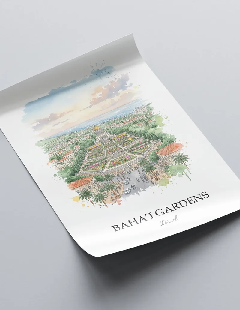 Framed wall art featuring Baha'i Gardens in Israel in a light wood frame leaning on the floor.