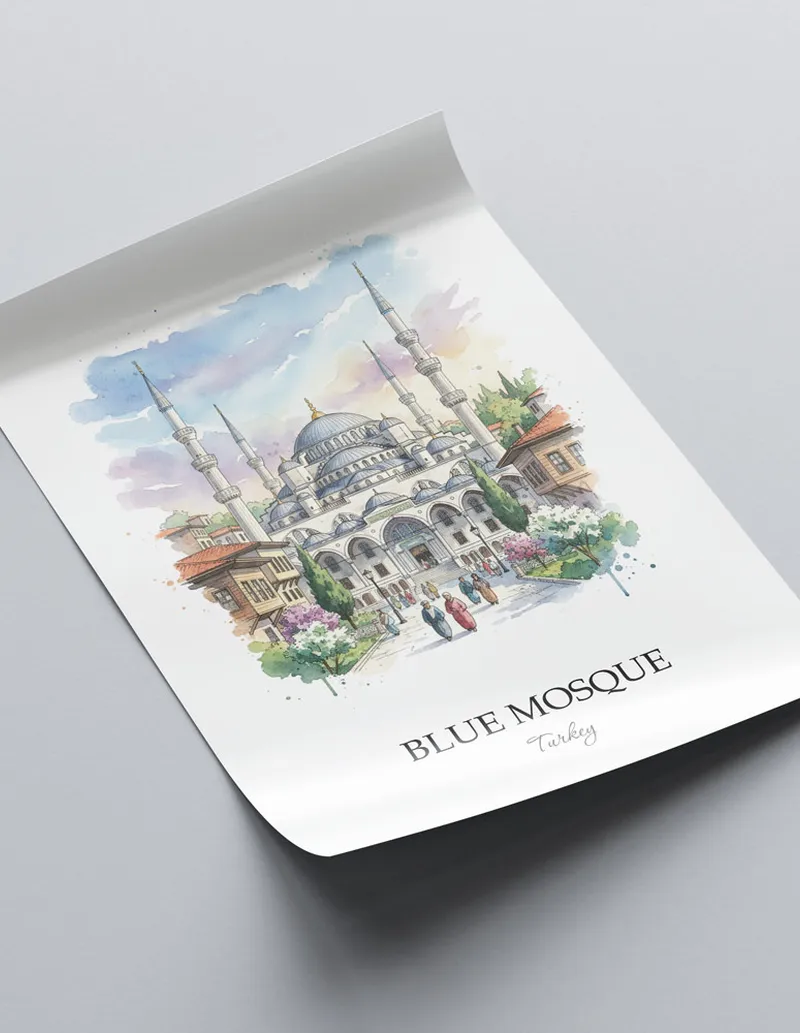 Framed wall art featuring Blue Mosque in Turkey in a light wood frame leaning on the floor.