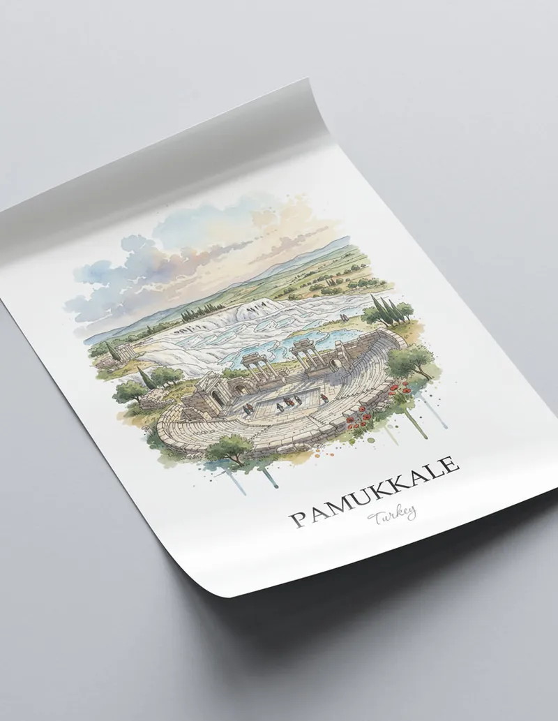 Framed wall art featuring Pamukkale in Turkey in a light wood frame leaning on the floor.