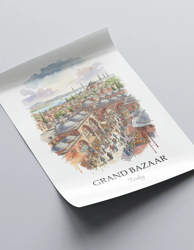 Framed wall art featuring Grand Bazaar in Turkey in a light wood frame leaning on the floor.