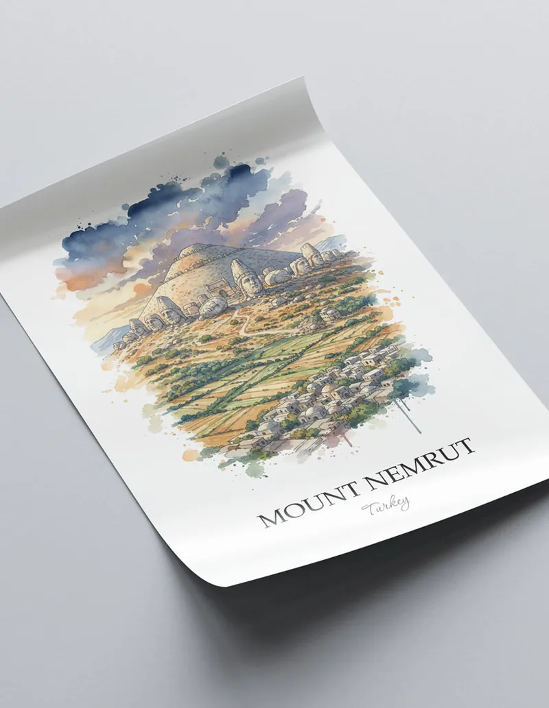 Framed wall art featuring Mount Nemrut in Turkey in a light wood frame leaning on the floor.