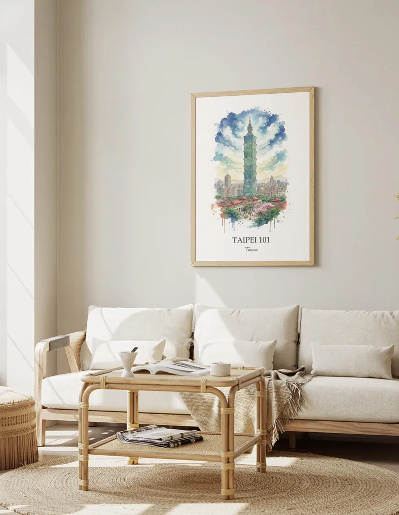 Vintage travel poster of Taipei 101, Taiwan in a light frame displayed above a sofa in a bright boho interior.