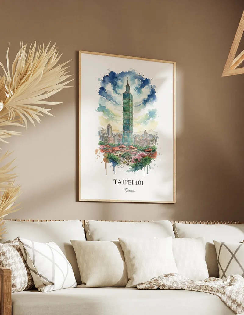 A gorgeous boho-inspired living space with a framed vintage travel poster of Taipei 101 in Taiwan on display.