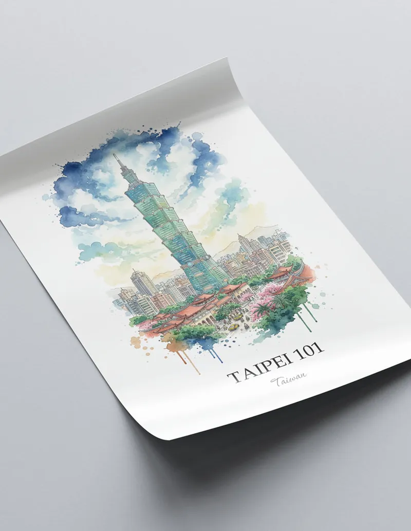 Framed wall art featuring Taipei 101 in Taiwan in a light wood frame leaning on the floor.