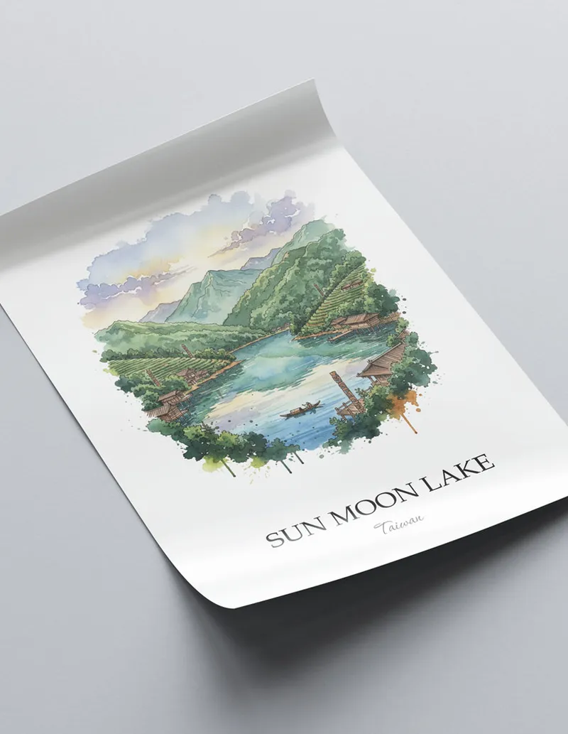 Framed wall art featuring Sun Moon Lake in Taiwan in a light wood frame leaning on the floor.