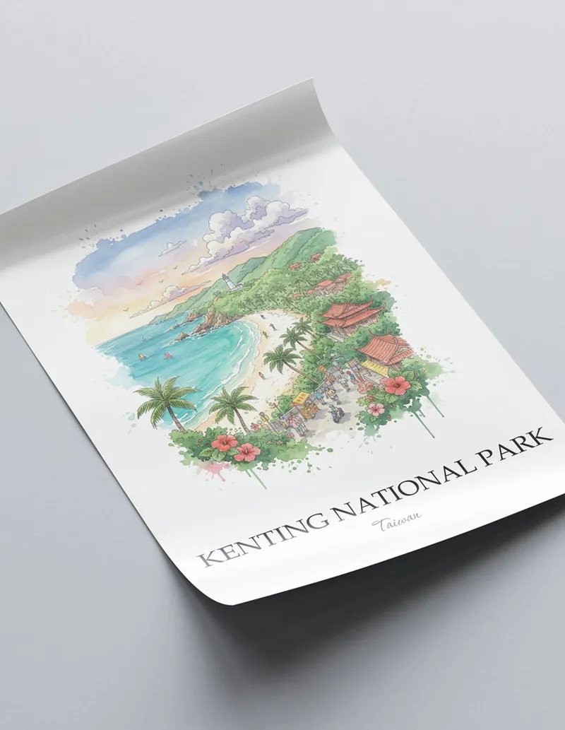 Framed wall art featuring Kenting National Park in Taiwan in a light wood frame leaning on the floor.