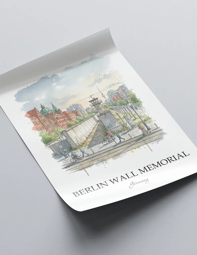 A close-up of a high-quality paper print featuring the Berlin Wall Memorial in Germany minimalist design.