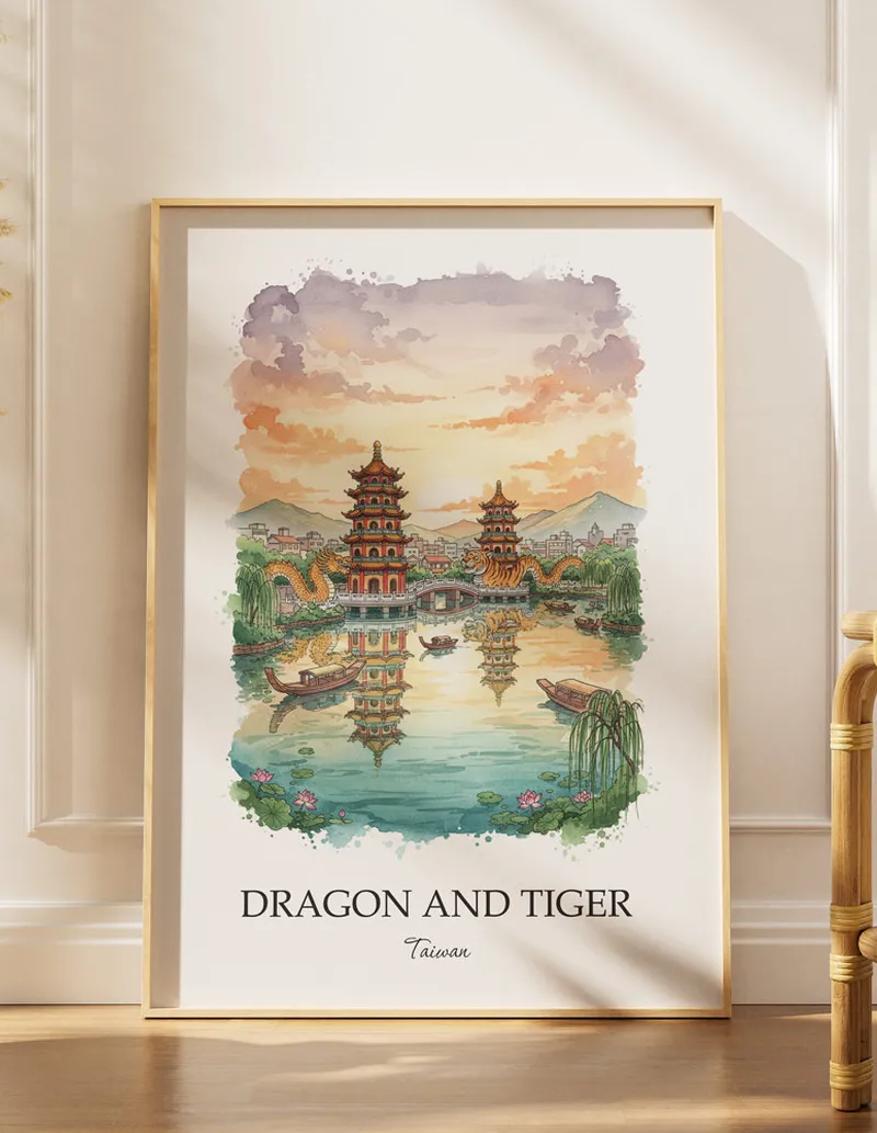 Minimalist poster of Dragon and Tiger in Taiwan in a light frame standing on the floor in a dark moody interior.