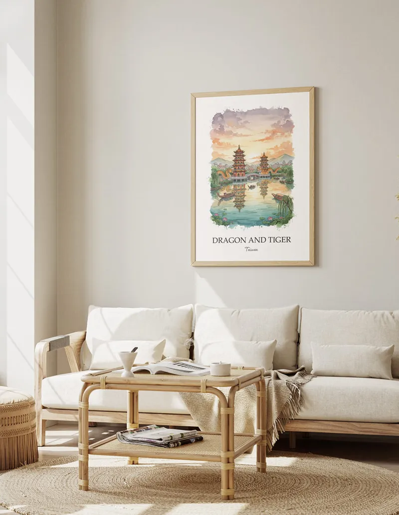 Vintage travel poster of Dragon and Tiger, Taiwan in a light frame displayed above a sofa in a bright boho interior.