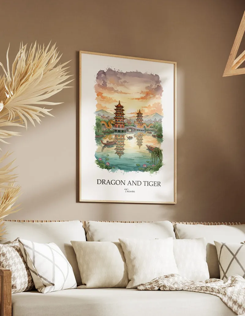 A gorgeous boho-inspired living space with a framed vintage travel poster of Dragon and Tiger in Taiwan on display.