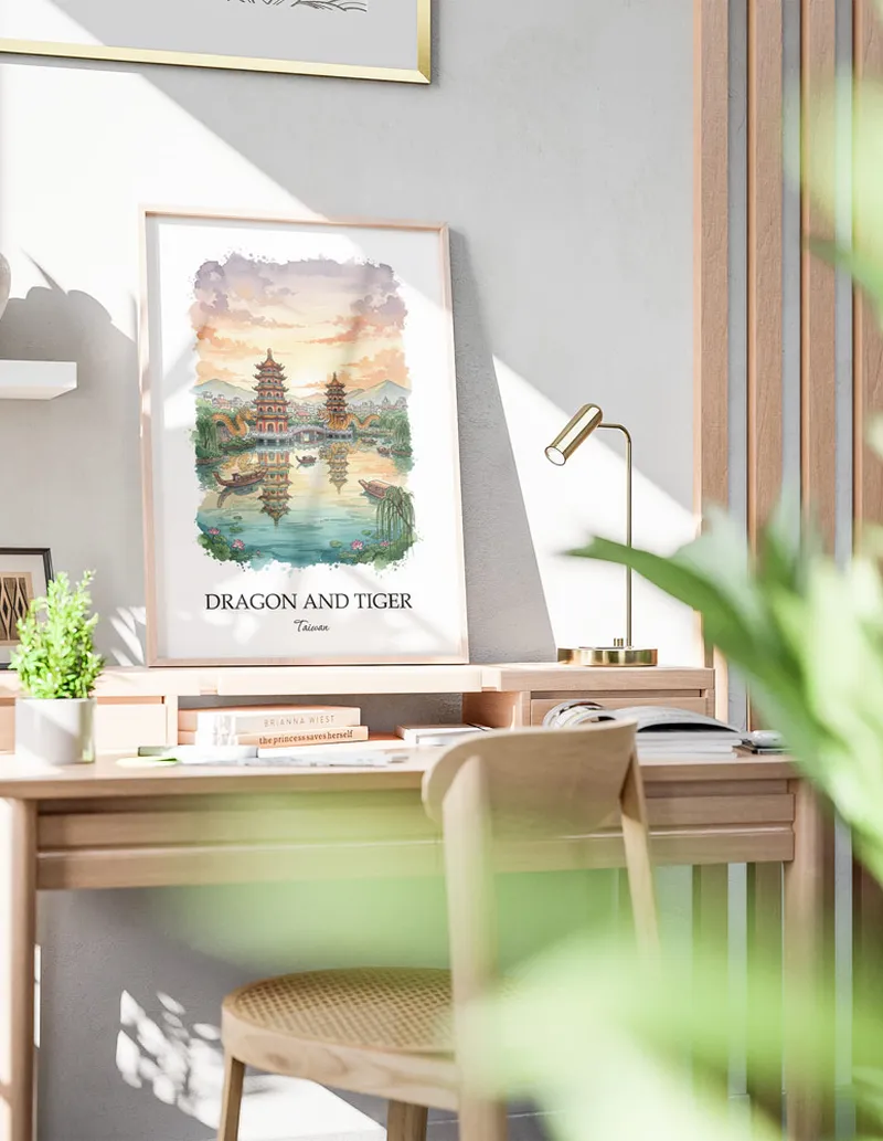 A clean and modern mockup showing a framed Dragon and Tiger, Taiwan print on a minimalist background.