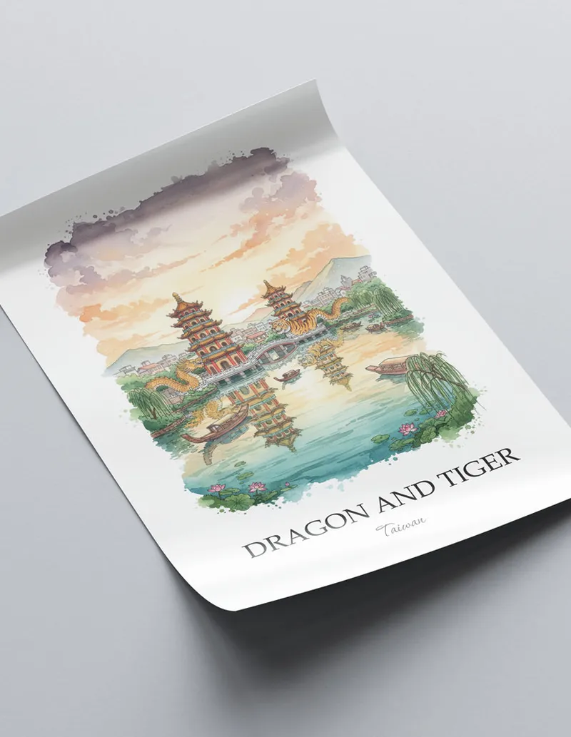 Framed wall art featuring Dragon and Tiger in Taiwan in a light wood frame leaning on the floor.