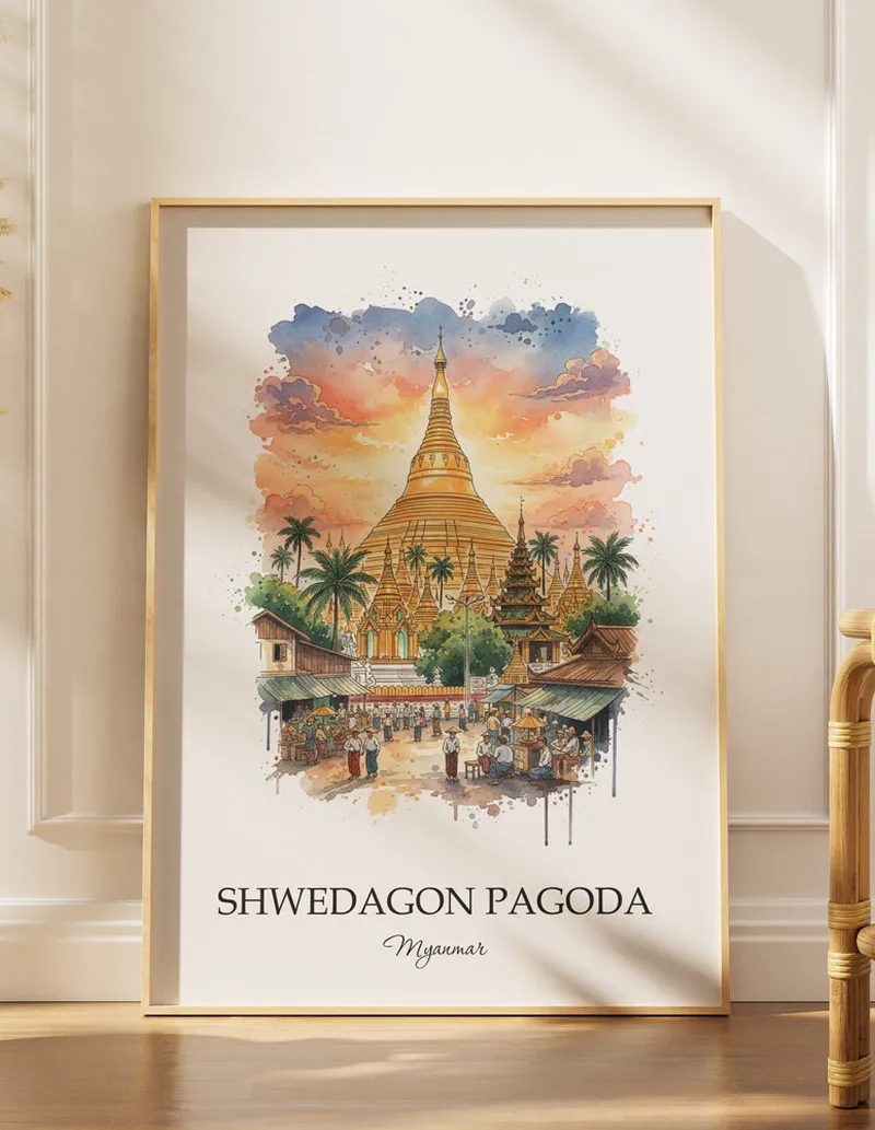 Minimalist poster of Shwedagon Pagoda in Myanmar in a light frame standing on the floor in a dark moody interior.