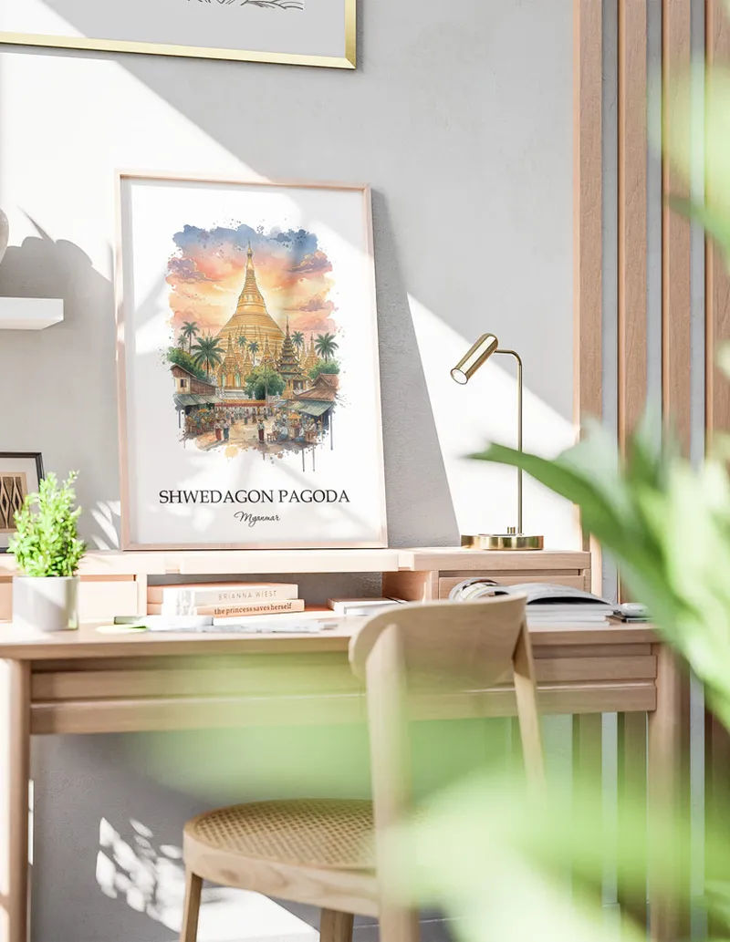 A clean and modern mockup showing a framed Shwedagon Pagoda, Myanmar print on a minimalist background.