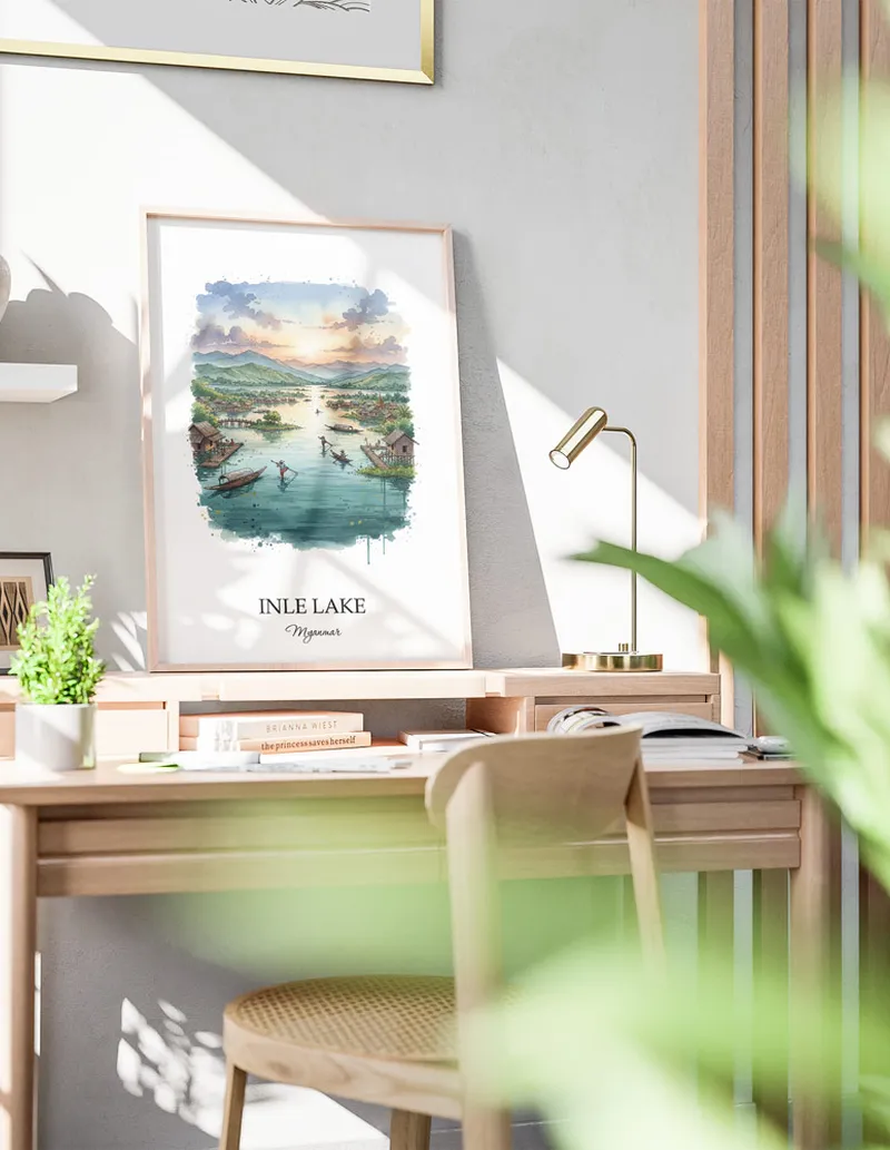 A clean and modern mockup showing a framed Inle Lake, Myanmar print on a minimalist background.