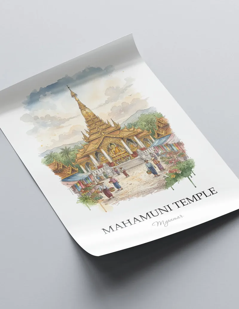 Framed wall art featuring Mahamuni Temple in Myanmar in a light wood frame leaning on the floor.