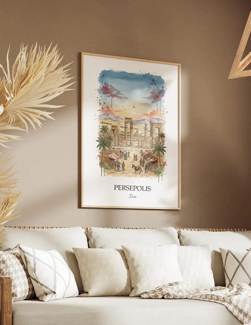 A gorgeous boho-inspired living space with a framed vintage travel poster of Persepolis in Iran on display.