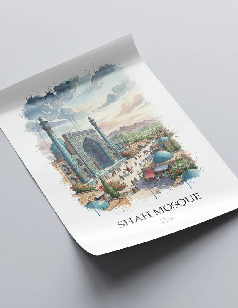 A close-up of a high-quality paper print featuring the Shah Mosque in Iran minimalist design.
