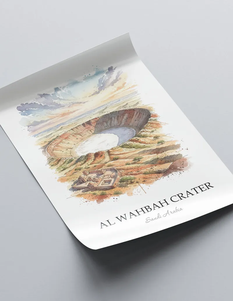 Framed wall art featuring Al Wahbah Crater in Saudi Arabia in a light wood frame leaning on the floor.
