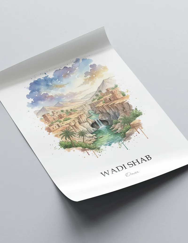Framed wall art featuring Wadi Shab in Oman in a light wood frame leaning on the floor.