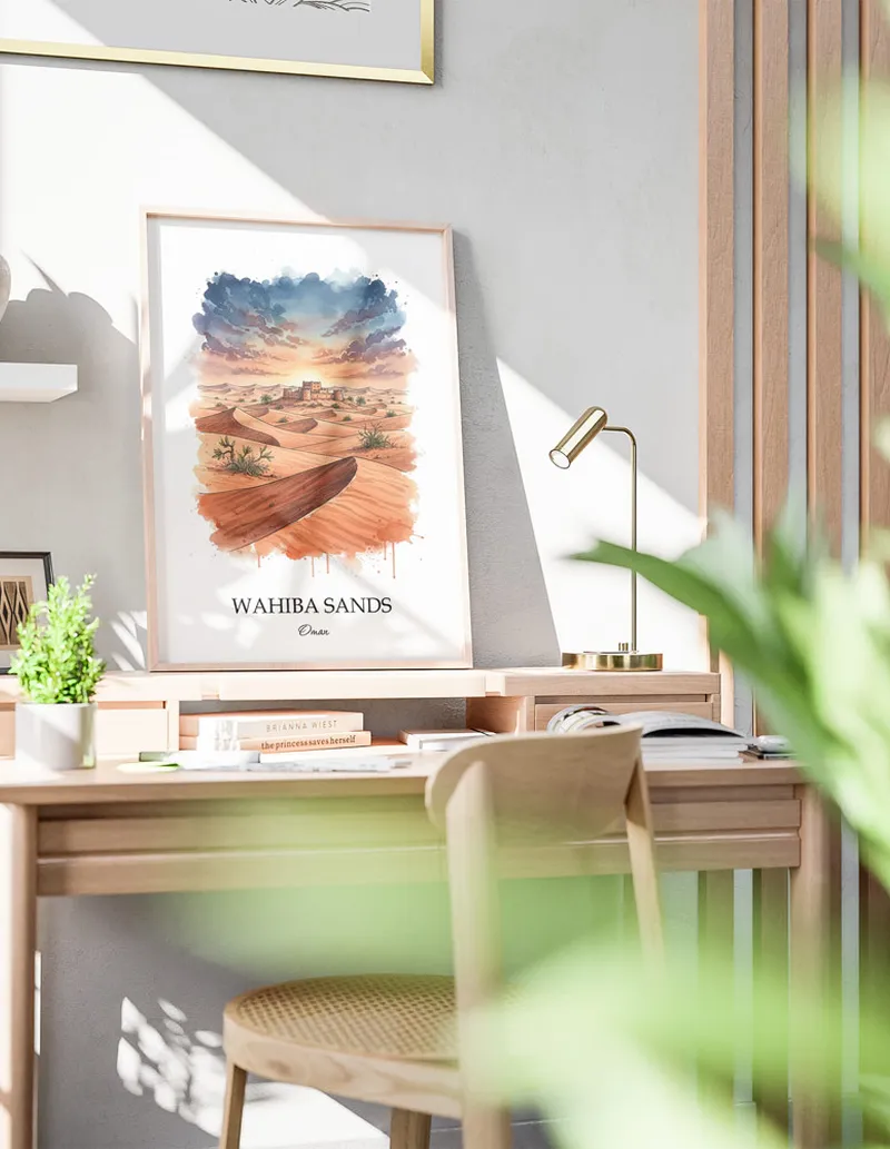 A clean and modern mockup showing a framed Wahiba Sands, Oman print on a minimalist background.