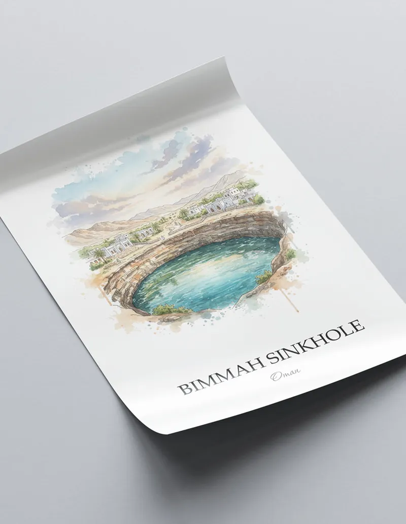 Framed wall art featuring Bimmah Sinkhole in Oman in a light wood frame leaning on the floor.