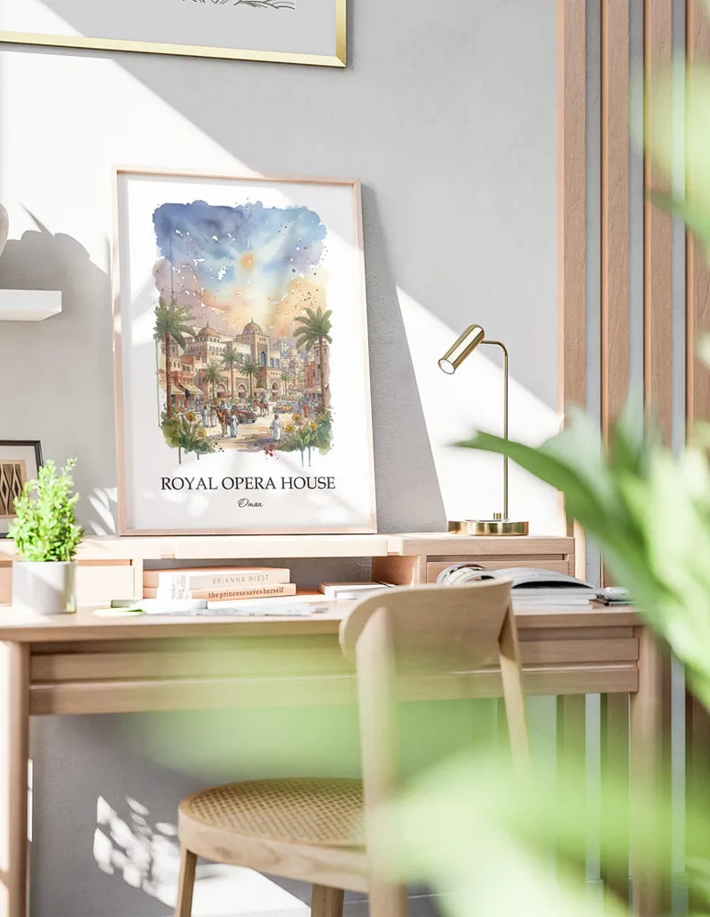 A clean and modern mockup showing a framed Royal Opera House, Oman print on a minimalist background.