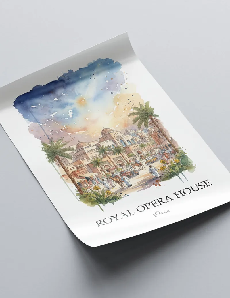 Framed wall art featuring Royal Opera House in Oman in a light wood frame leaning on the floor.