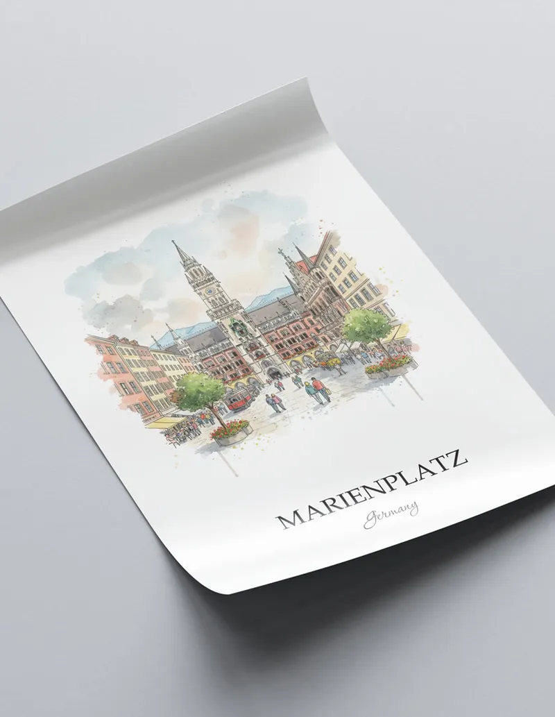 A close-up of a high-quality paper print featuring the Marienplatz in Germany minimalist design.