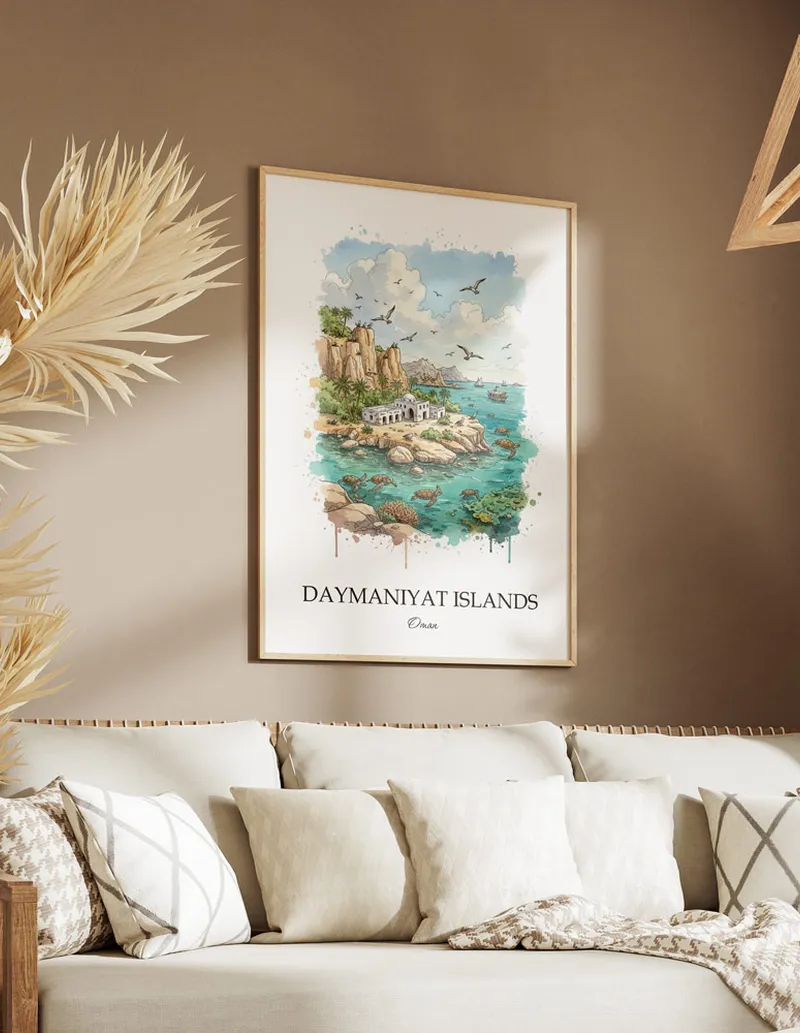 A gorgeous boho-inspired living space with a framed vintage travel poster of Daymaniyat Islands in Oman on display.