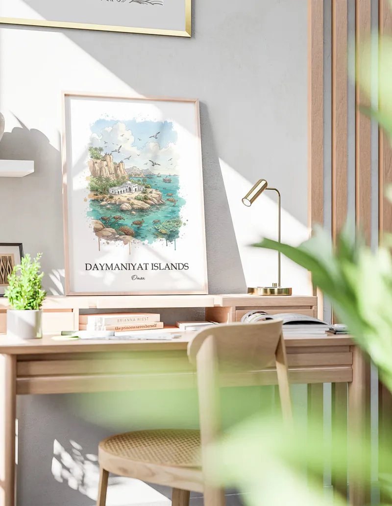 A clean and modern mockup showing a framed Daymaniyat Islands, Oman print on a minimalist background.