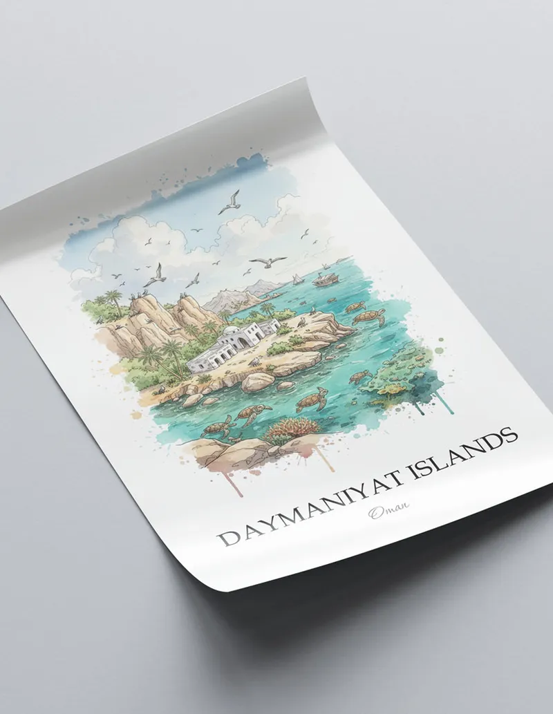 Framed wall art featuring Daymaniyat Islands in Oman in a light wood frame leaning on the floor.