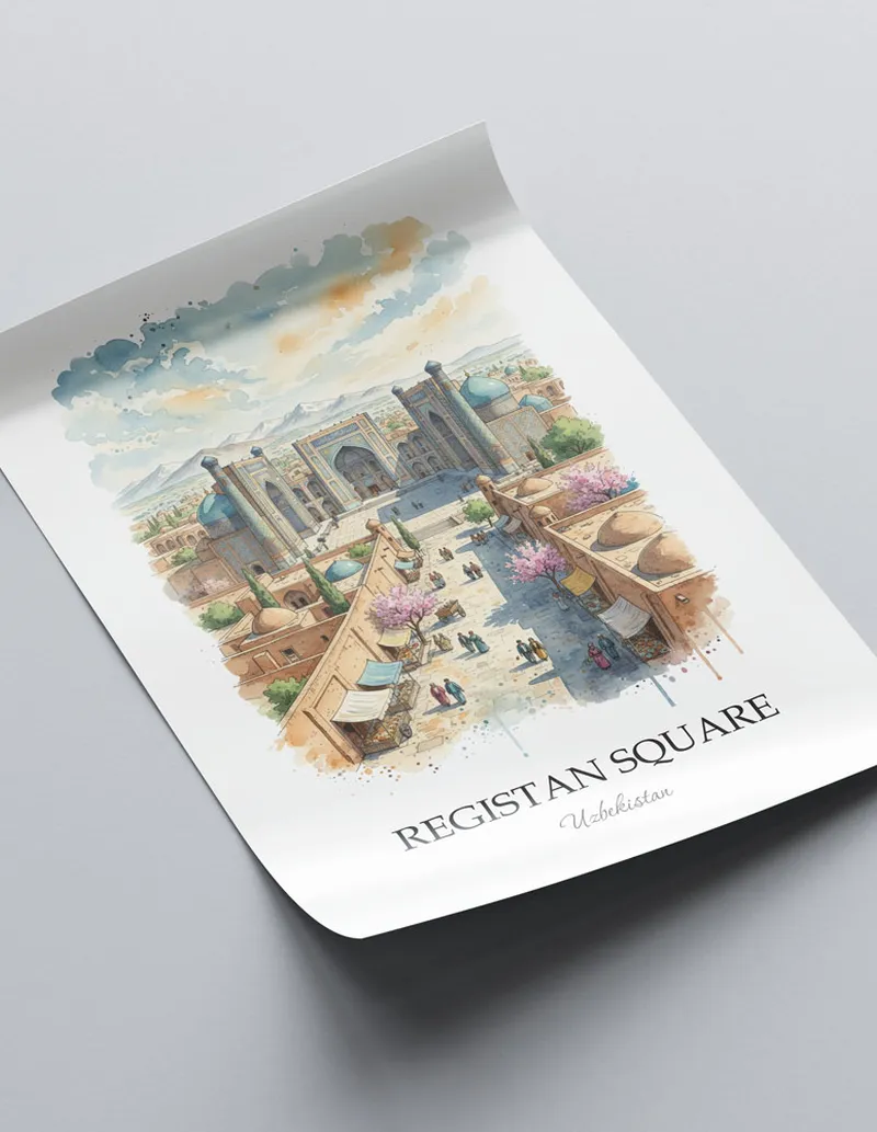 Framed wall art featuring Registan Square in Uzbekistan in a light wood frame leaning on the floor.
