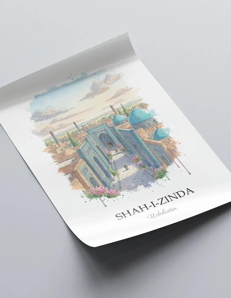 Framed wall art featuring Shah-i-Zinda in Uzbekistan in a light wood frame leaning on the floor.