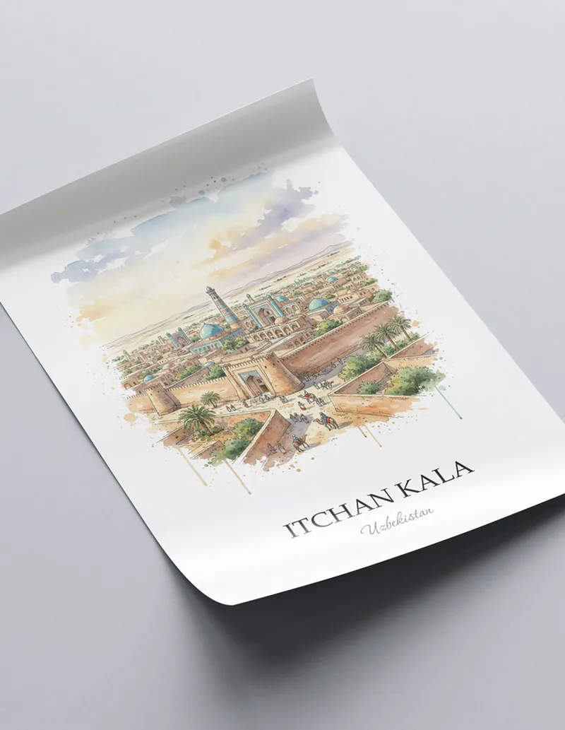 Framed wall art featuring Itchan Kala in Uzbekistan in a light wood frame leaning on the floor.