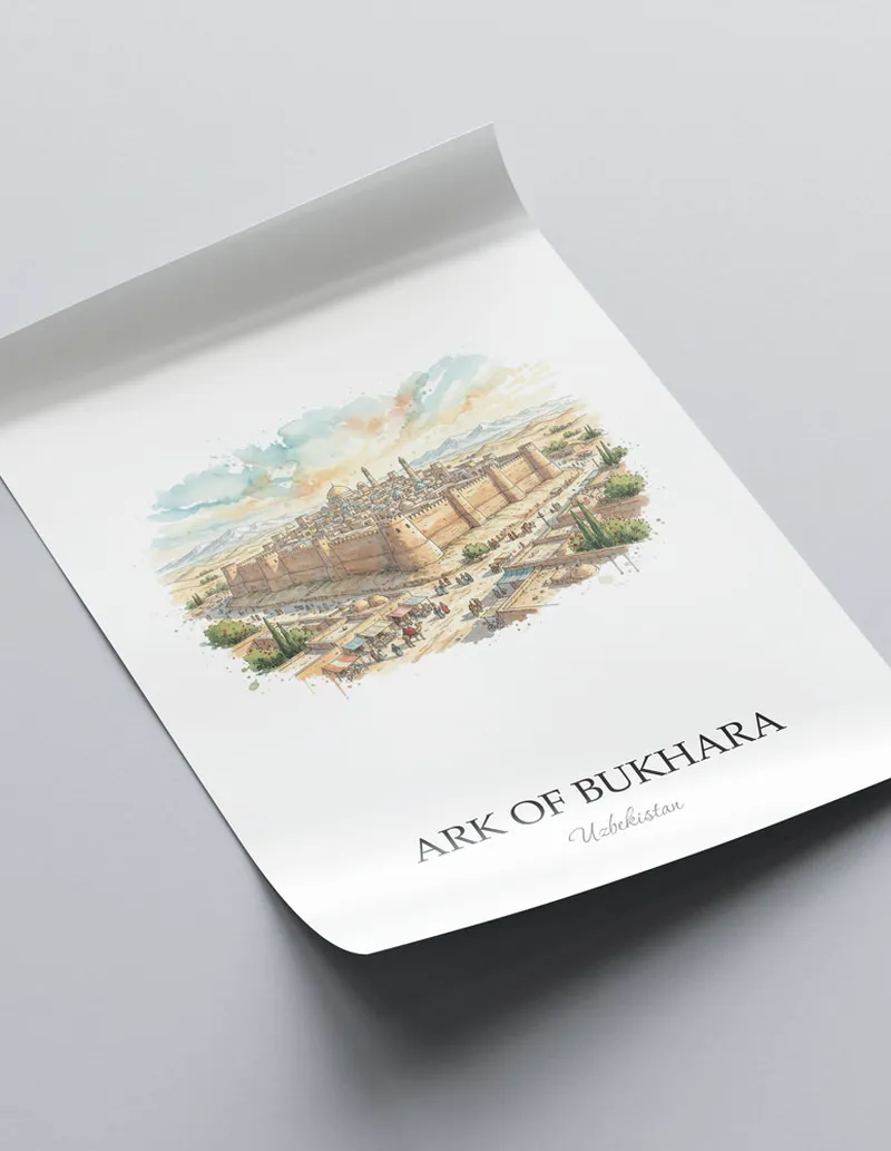 Framed wall art featuring Ark of Bukhara in Uzbekistan in a light wood frame leaning on the floor.