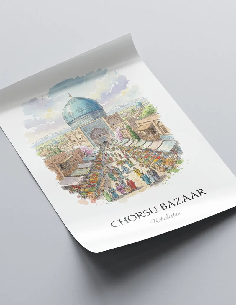 Framed wall art featuring Chorsu Bazaar in Uzbekistan in a light wood frame leaning on the floor.