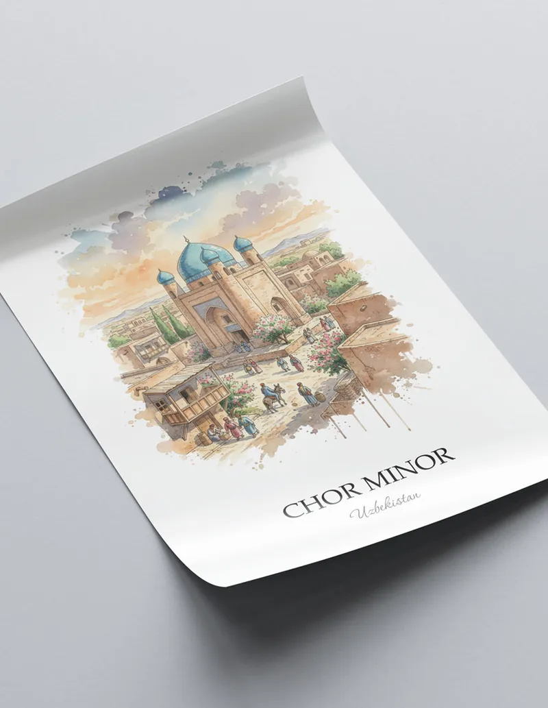 Framed wall art featuring Chor Minor in Uzbekistan in a light wood frame leaning on the floor.