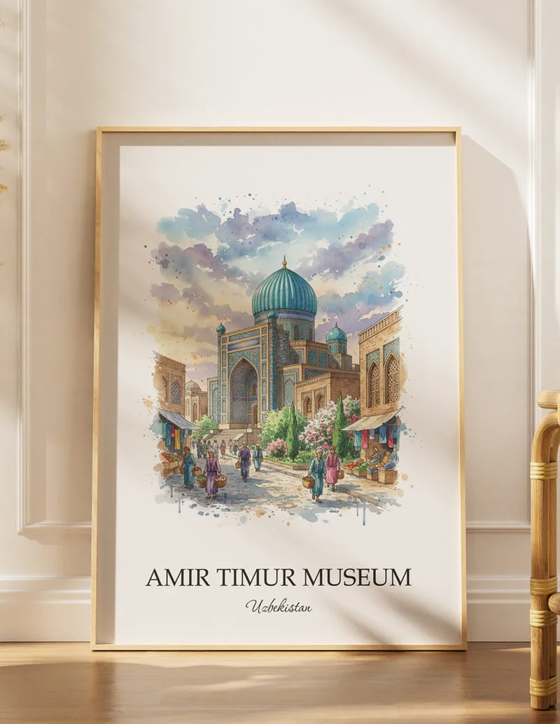 Minimalist poster of Amir Timur Museum in Uzbekistan in a light frame standing on the floor in a dark moody interior.