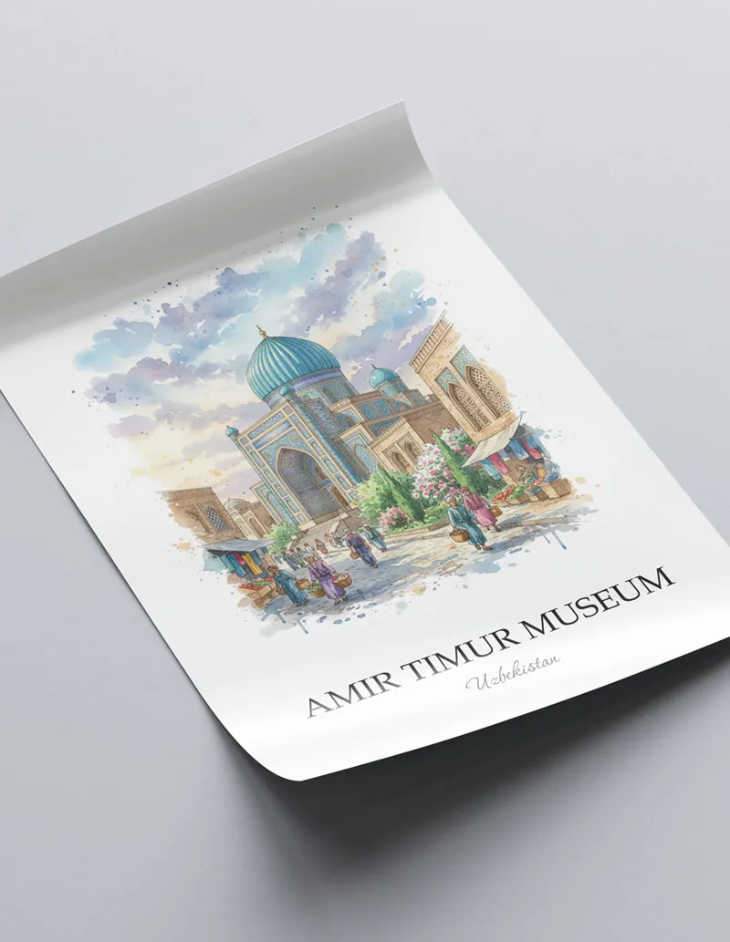 Framed wall art featuring Amir Timur Museum in Uzbekistan in a light wood frame leaning on the floor.