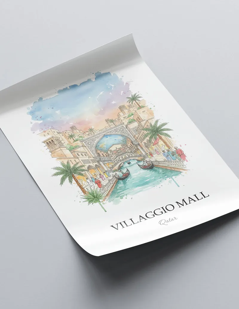 Framed wall art featuring Villaggio Mall in Qatar in a light wood frame leaning on the floor.