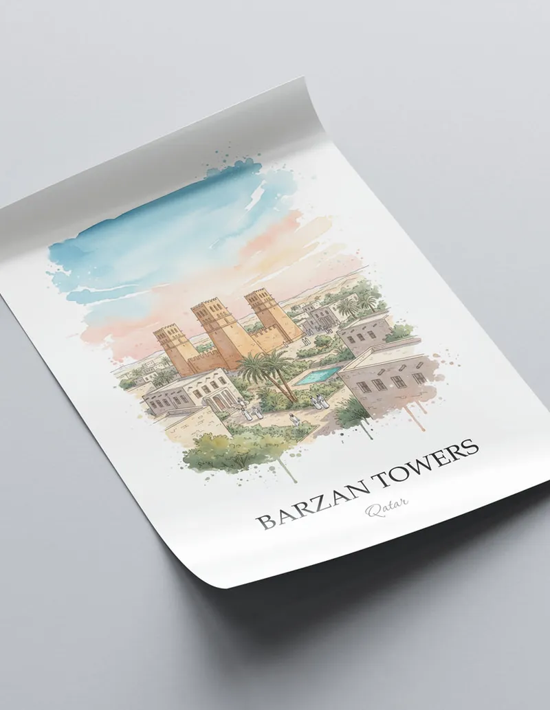 Framed wall art featuring Barzan Towers in Qatar in a light wood frame leaning on the floor.