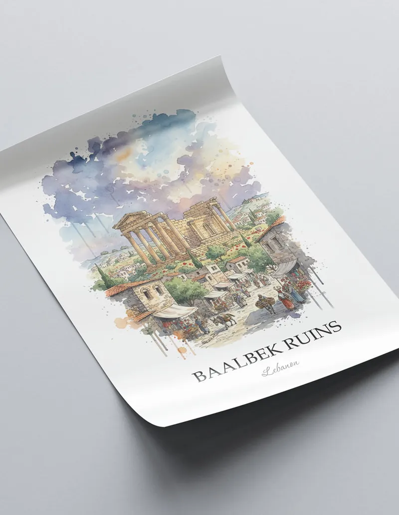 Framed wall art featuring Baalbek Ruins in Lebanon in a light wood frame leaning on the floor.